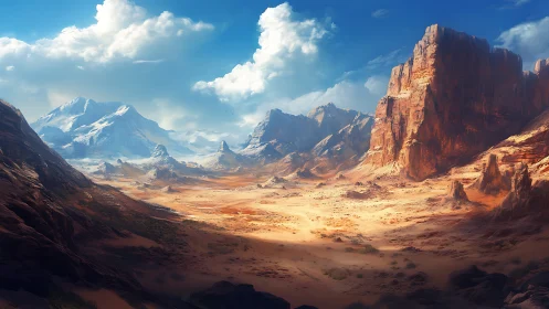 Sunlit desert canyon meets distant snowy mountain peaks.