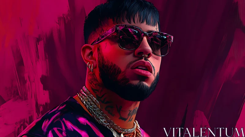 Stylized portrait of tattooed man with sunglasses on magenta