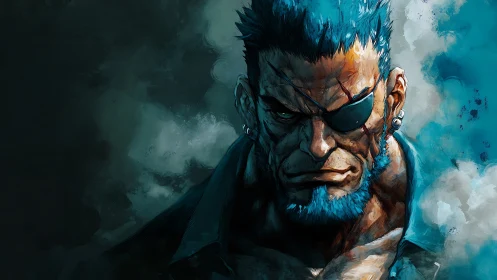 Blue haired eyepatched male character in smoky backdrop.