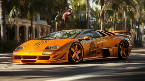 Sunlit orange supercar prowls palm-lined boulevard in style.
