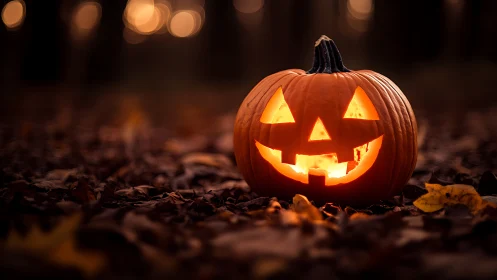 Carved jack-o-lantern sits illuminated on forest floor