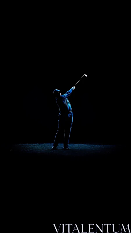 Golfer silhouette swings under dramatic low key spotlight.