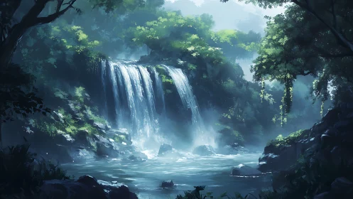 Misty Waterfall Paradise in the Deep Forest.