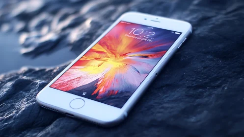 White iPhone with Vibrant Sunset Wallpaper on Stone Surface