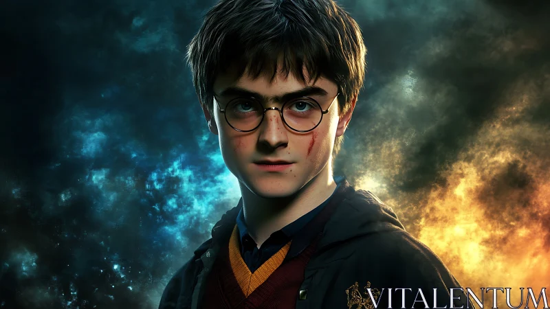 Young wizard stands defiant between storm and fire light