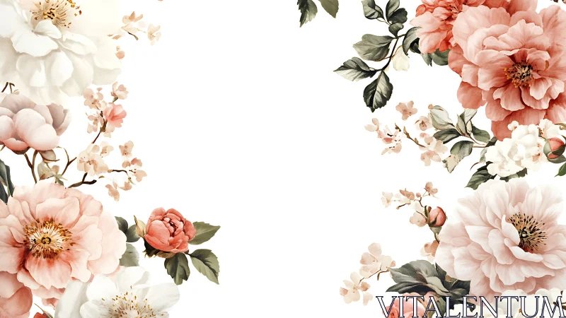 Botanical floral arrangement with pink peonies and white blooms.