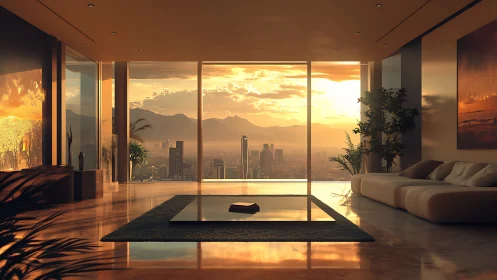 Golden sunset city view from a calm, modern living room.