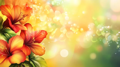 Red Hibiscus Blooms Against Golden Bokeh.