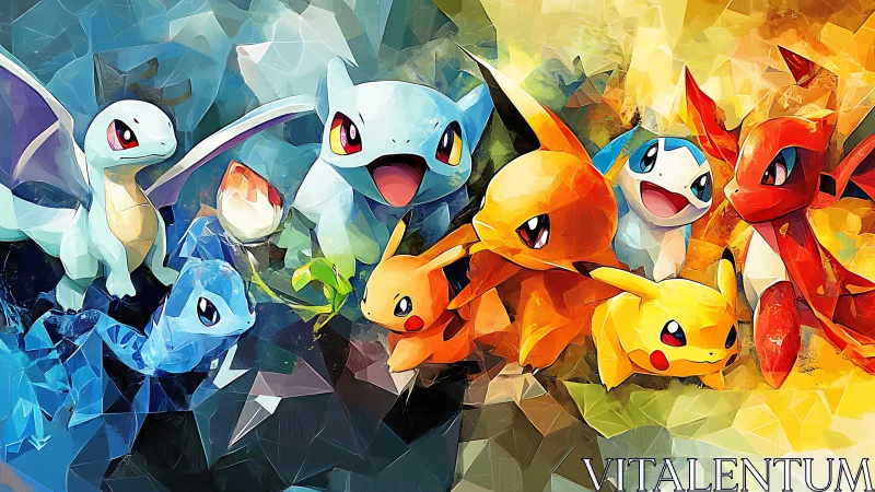 Polygonal illustration of multiple Pokémon character figures.