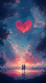 Luminescent Heart Over Twilight: Digital Romantic Landscape Composition.