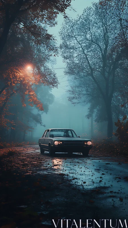 Classic sedan on wet forest road under foggy streetlight