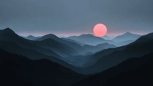 Minimalist blue mountainscape with pink atmospheric sun.