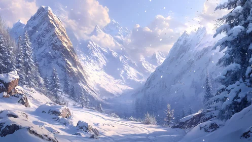 Snow-covered alpine valley with conifer trees and peaks.