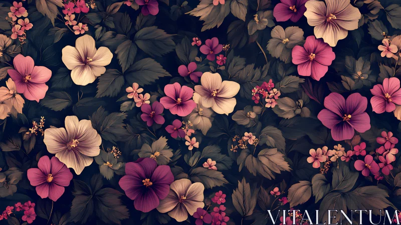 Lush Floral Garden Where Pink Blooms Dance Through Deep Shadows