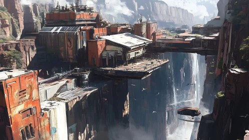 Futuristic cliffside city hovers above a vast misty canyon.