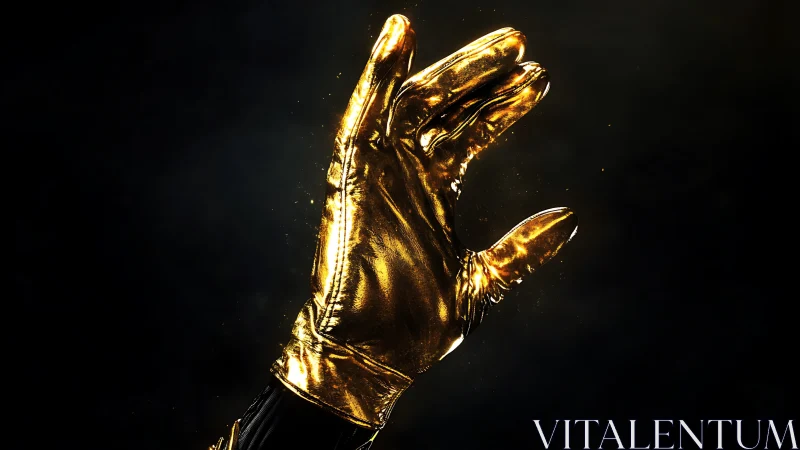Gold metallic glove hand raised against dark background