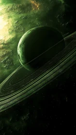 Green ringed planet in deep space with glowing nebula.