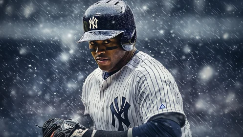 Power hitter in pinstripes under dramatic stadium rain lighting
