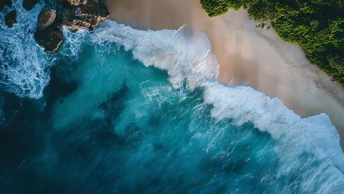 Tropical surf pounds secluded sand beach from aerial view