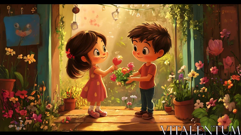 Boy Gives Flowers Girl. Romantic Garden Scene with Warm Light.