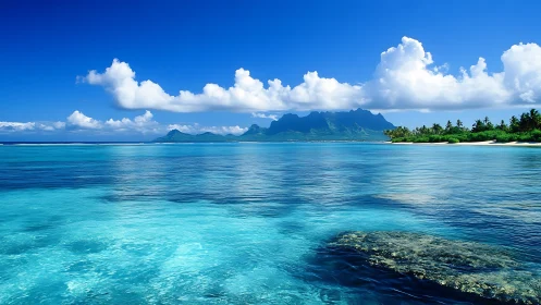 Tropical lagoon panorama with distant volcanic island ridge.