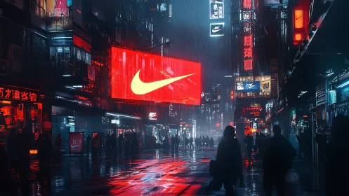 Cyberpunk streetscape with monolithic red LED billboard focus.