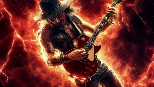 Fiery rock guitarist shredding electric solos in plasma storm.