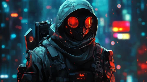 Neon-hooded urban ranger stalks through ember-lit cybernight.