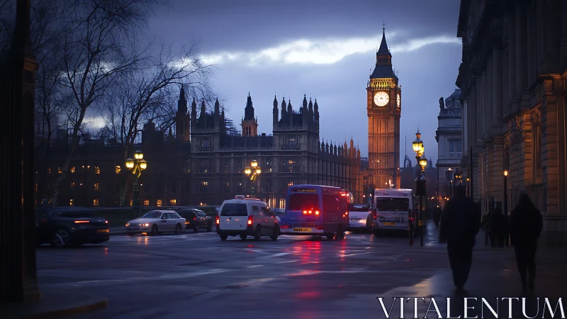 Evening traffic passes illuminated clock tower in London