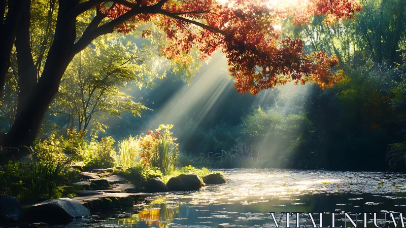 Serene Sunlit Pond with Autumn Leaves in Tranquil Nature Scene.