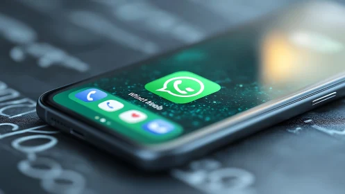 Oblique macro view of smartphone WhatsApp interface iconography.