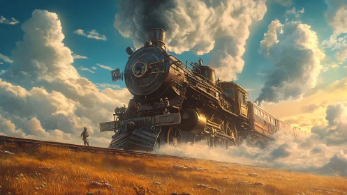 Steam locomotive in glowing sunset cloudscape with lone traveler