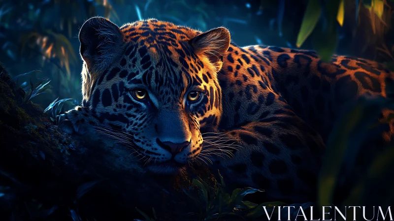 Jaguar Portrait in Twilight Forest with Golden Eyes.