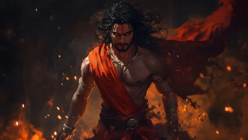 Fiery warrior strides through embers with blazing resolve.