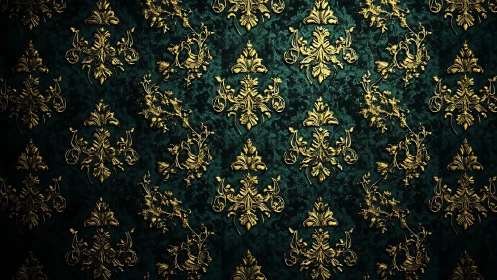 Ornate golden damask flourishes glow on deep emerald backdrop.