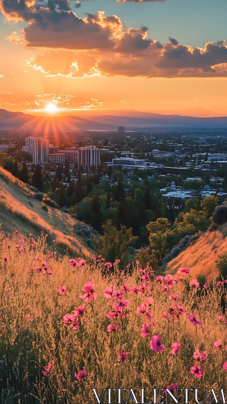 Sunlit urban valley framed by wildflowers under stratified sunset