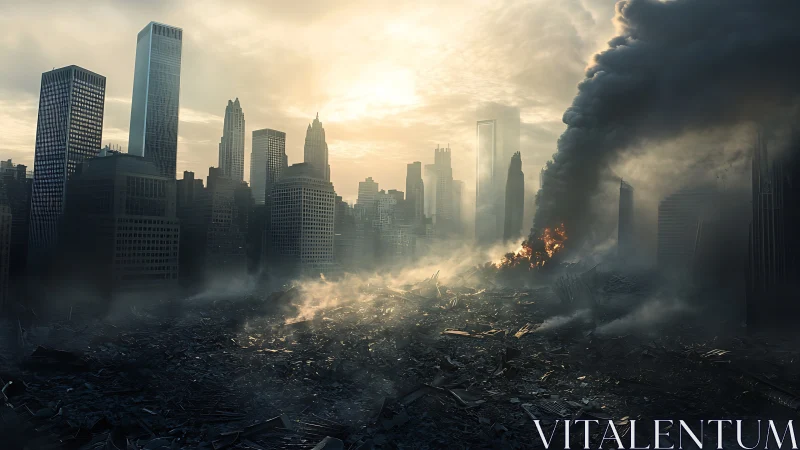 Smoldering urban ruins beneath a hazy, backlit skyline.