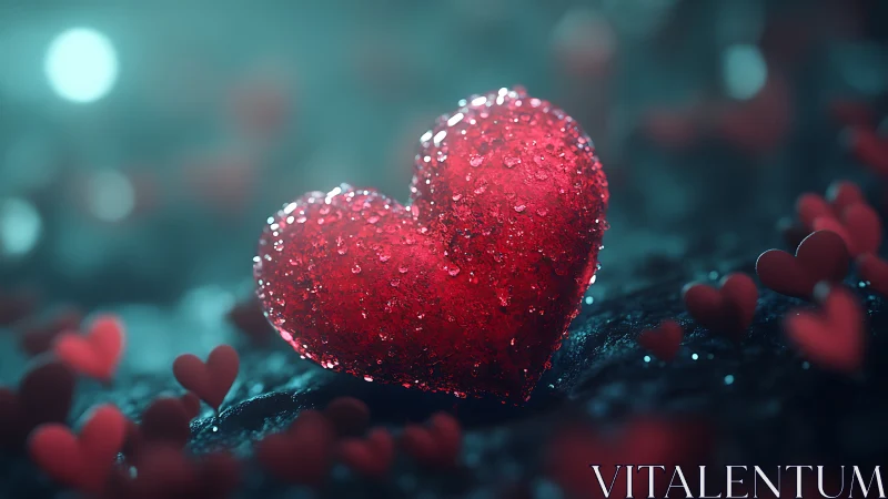 Crystalline Heart with Frost Dewdrops on Teal Bokeh Background.