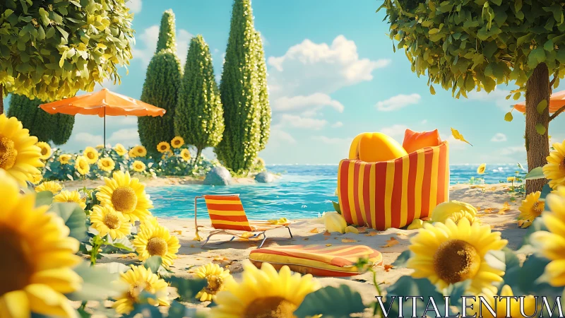 Digitally rendered beach scene with sunflower foreground and mediterranean architectural elements.