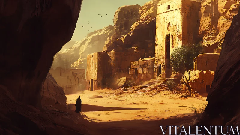 Desert canyon ruins with lone cloaked figure at dusk.