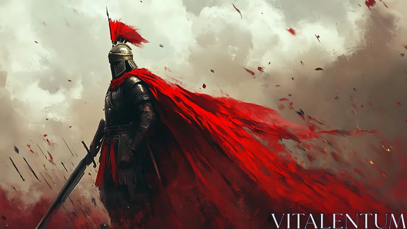 Lone armored warrior with a storm of crimson courage.