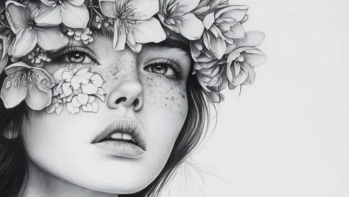 Monochrome portrait of girl with freckled face and flowers