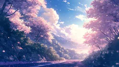 Cherry blossom hillside path under bright spring sky.