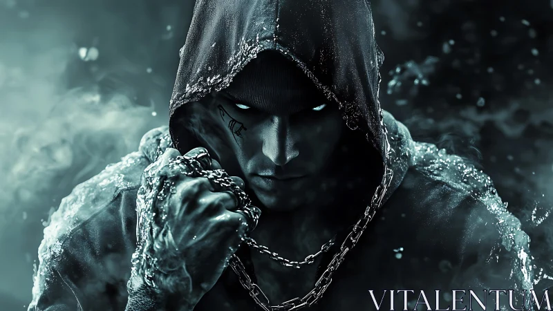 Hooded spectral fighter with glowing eyes and chains.