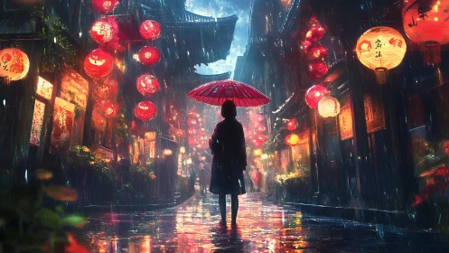 Solitary figure under red umbrella in neon drenched lantern alley