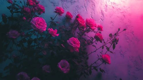 Neon Roses Against Textured Wall in Pink and Blue Light.