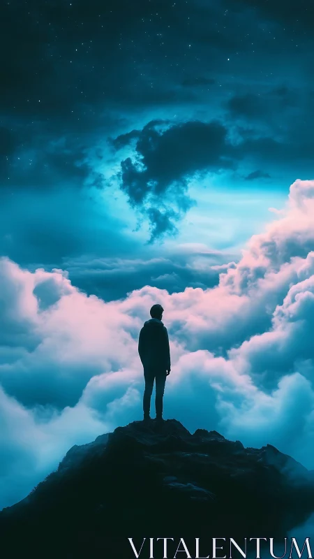 Dreamer standing above glowing clouds under a starlit sky.