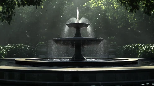 Tiered garden fountain in soft morning backlight.