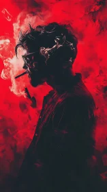 Silhouetted smoker stands in crimson smoke with moody neon glow