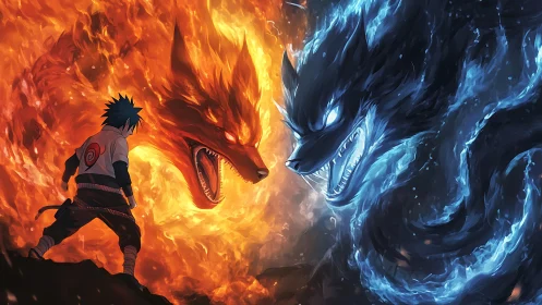 Fiery warrior confronts opposing fire and ice wolf spirits